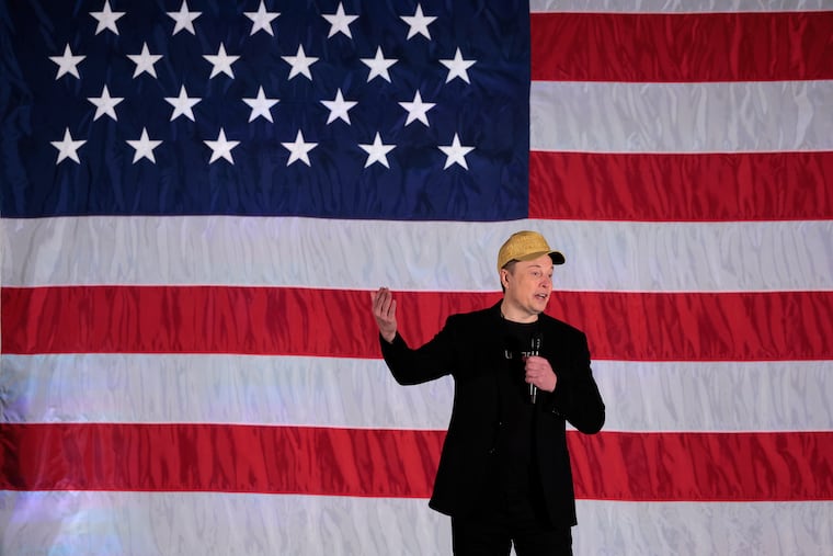 Elon Musk leads a America PAC Town Hall in Delaware County at Ridley High School on Thursday, October 17, 2024.