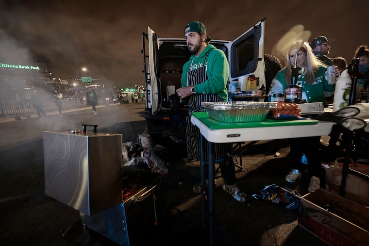 Dylan Marck of Newark, Del., has created culinary masterpieces while tailgating in lot M before Eagles games this season.