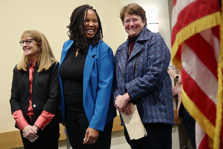 From left, Delaware County Councilmembers Elaine Schaefer, Monica Taylor, and Christine Reuther at a 2019 election party when Democrats took control of the council.