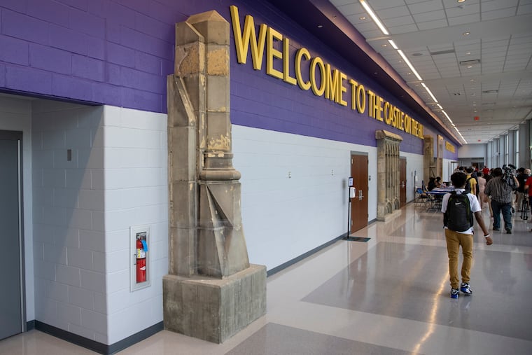 A piece of the exterior of the former Camden High School is on display in the main hallway of the new Camden High campus.