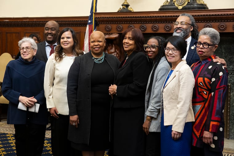 Philadelphia's board of education elected officers on Thursday night, including president Reginald Streater (back row) and vice president Sarah-Ashley Andrews, sixth from the left.