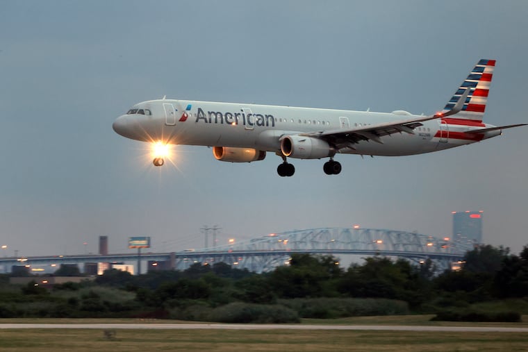 An American Airlines plane about to land at Philadelphia International Airport.