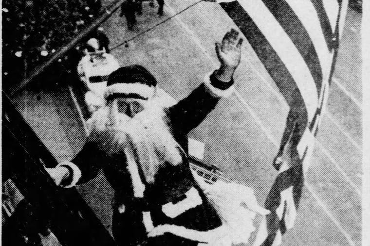 Accompanied by floats, clowns, uniformed bands, and marchers in costume, Santa Claus came back to Philadelphia on Nov. 22, 1945 in the annual Gimbel Brothers Thanksgiving Day parade. At the climx of the parade, Santa climbed a ladder to Gimbels toy department as thousands of spectators watched.