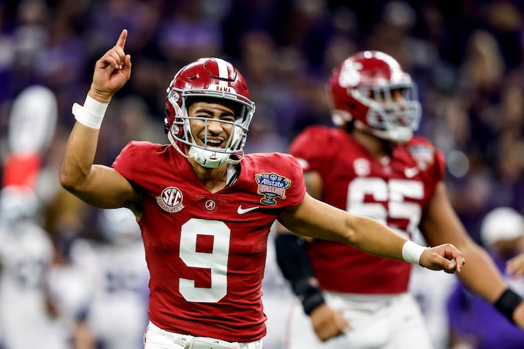 Alabama quarterback Bryce Young (9) celebrates after throwing a touchdown pass during the second half of the Sugar Bowl NCAA college football game against Kansas State, Saturday, Dec. 31, 2022, in New Orleans.