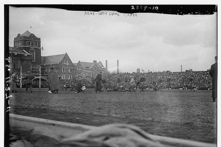 This photo was taken during the Army-Navy game on Nov. 24, 1911. The contest was held at Franklin Field on the campus of the University of Pennsylvania. The city hosted its first Army-Navy game 12 years earlier on the same field.