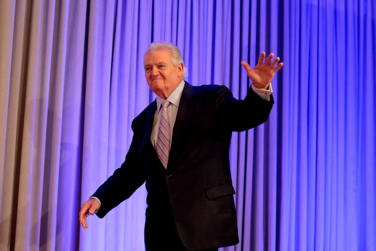 Former U.S. Rep. Bob Brady, chairman of the Philadelphia Democratic Party, comes out on stage during an October fundraiser alongside President Joe Biden at the Sheet Metal Workers Training Center in South Philadelphia.