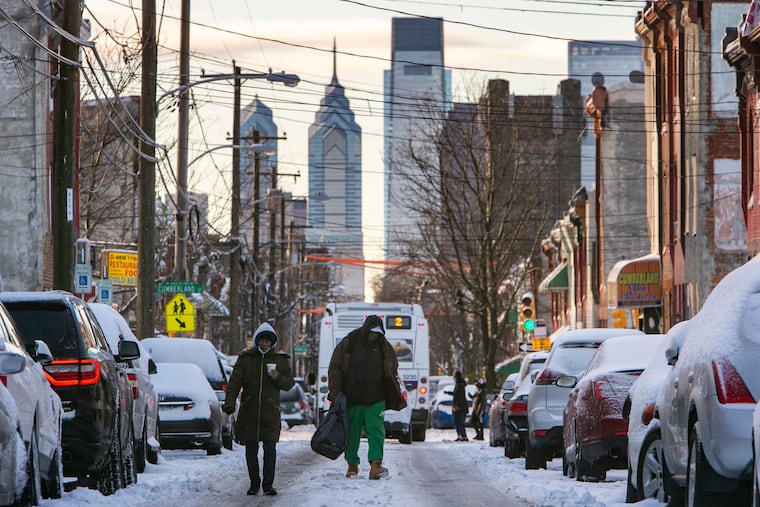 Snow covers the 2500 block of North 17th Street just above Cumberland in December 2020. No measurable snow has fallen in Philly officially in December in the last four years.