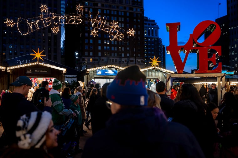 Christmas Village in Philadelphia at LOVE Park and City Hall’s Dilworth Park. The open-air holiday market features more than 120 rustic wooden cottages trimmed in festive lights and housing vendors selling goods from around the world, along with food and live entertainment.