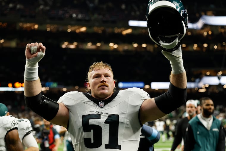 Eagles center Cam Jurgens after the Eagles beat the Saints on Sept. 22 in New Orleans.